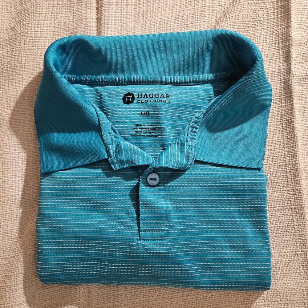 Haggar Clothing Men's Large Blue Teal Striped Short Sleeve Golf Polo‎ Shirt